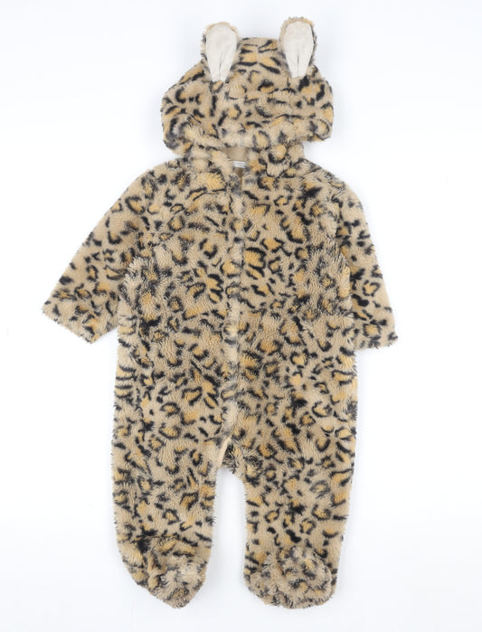 Next Unisex Baby Beige Animal Print Hooded Fleece Coverall 9-12 Months