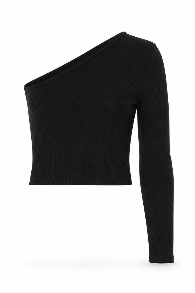 Front view of H&M Women's Black One Shoulder Cropped Ribbed Jersey Top, size M