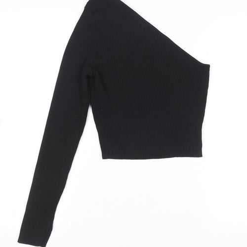 H&M Women's Black One Shoulder Cropped Ribbed Jersey Top Size M