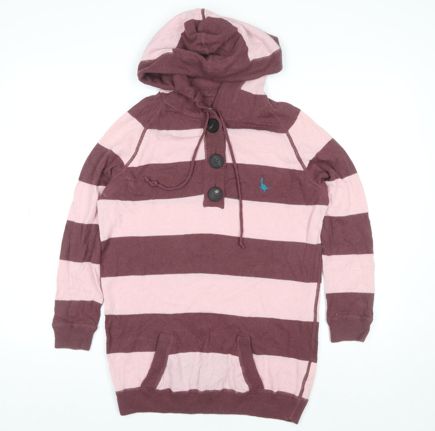 Jack Wills Womens Pink & Maroon Striped Henley Hoodie Size 14 Wool Blend