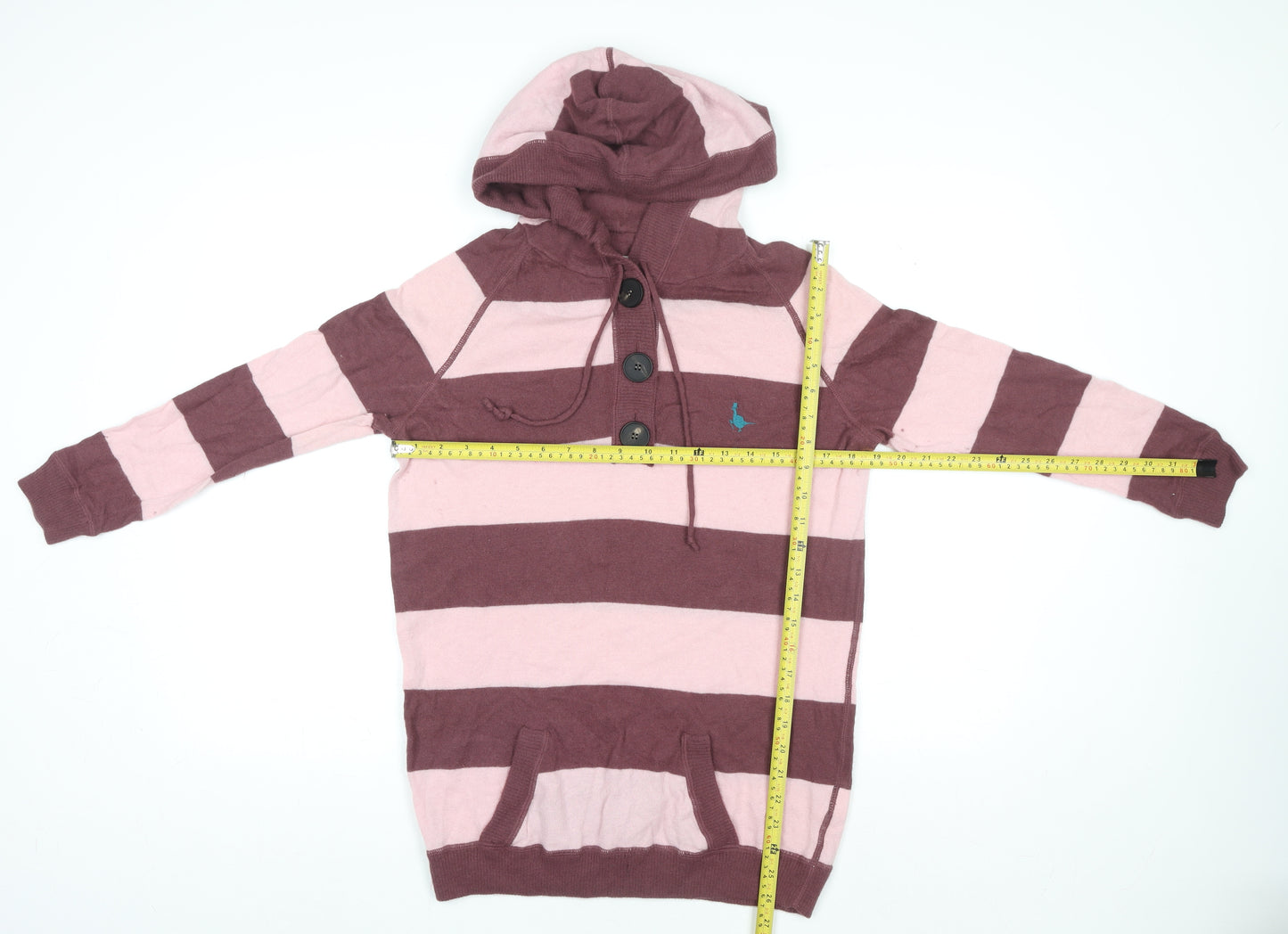 Jack Wills Womens Pink & Maroon Striped Henley Hoodie Size 14 Wool Blend