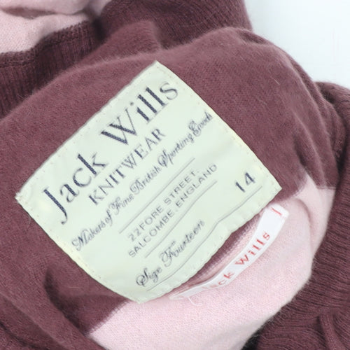 Jack Wills Womens Pink & Maroon Striped Henley Hoodie Size 14 Wool Blend