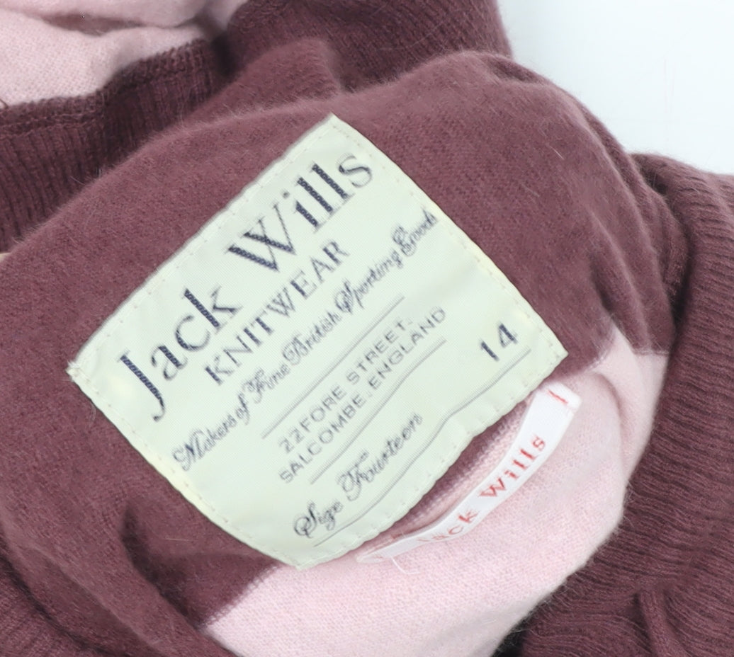 Jack Wills Womens Pink & Maroon Striped Henley Hoodie Size 14 Wool Blend
