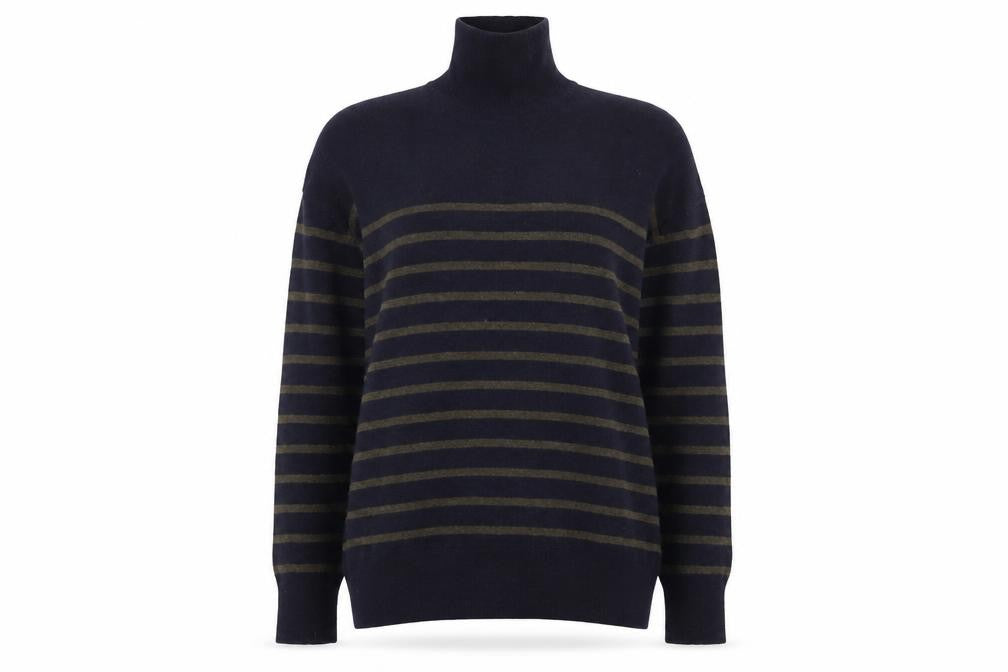 Front view of Zara women’s blue striped wool blend high neck jumper xs
