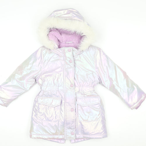 Tu Girls Pink Iridescent Faux Fur Hooded Puffer Coat 2-3 Years Winter Jacket