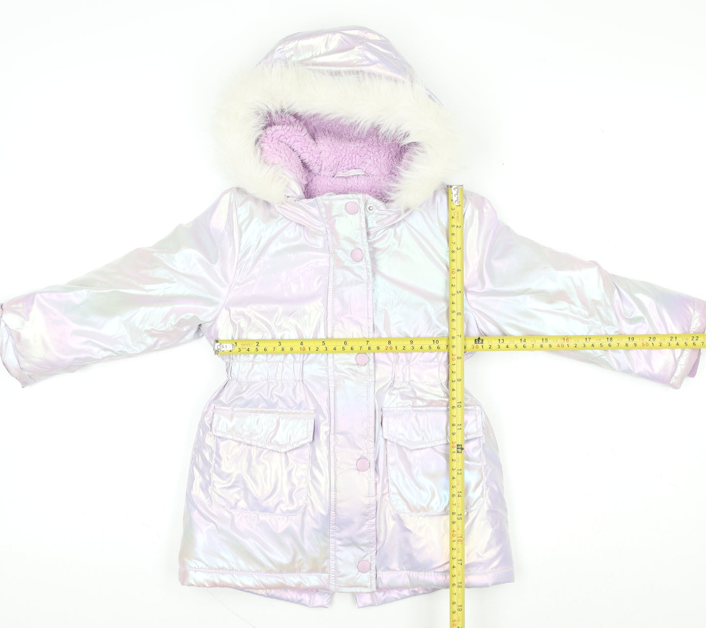 Tu Girls Pink Iridescent Faux Fur Hooded Puffer Coat 2-3 Years Winter Jacket