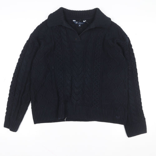 Crew Clothing Company Men's Blue Collared Cable-Knit Jumper Size M