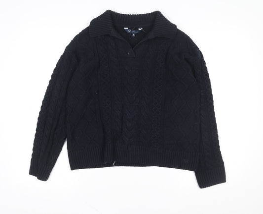 Crew Clothing Company Men's Blue Collared Cable-Knit Jumper Size M