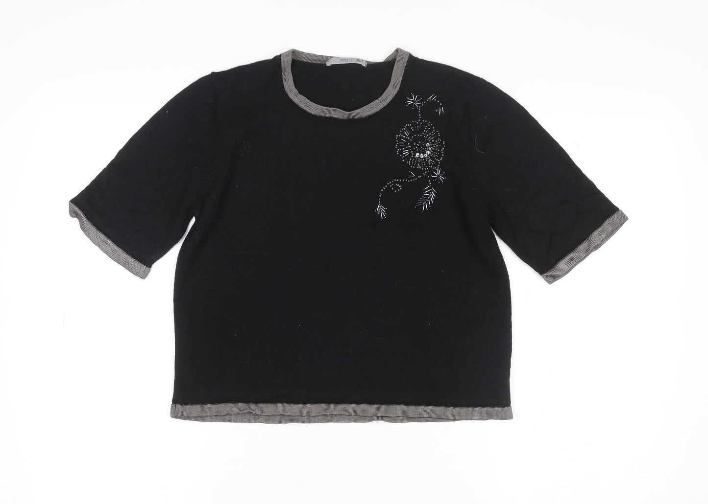 Marks and Spencer Women's Black Beaded Wool Blend Short Sleeve Knit Top Size 12