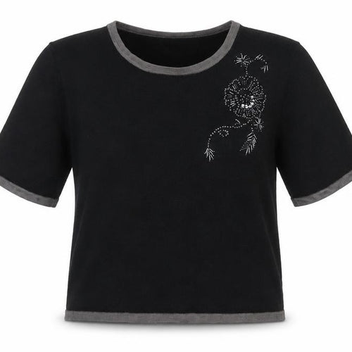 Marks and Spencer Women's Black Beaded Wool Blend Short Sleeve Knit Top Size 12