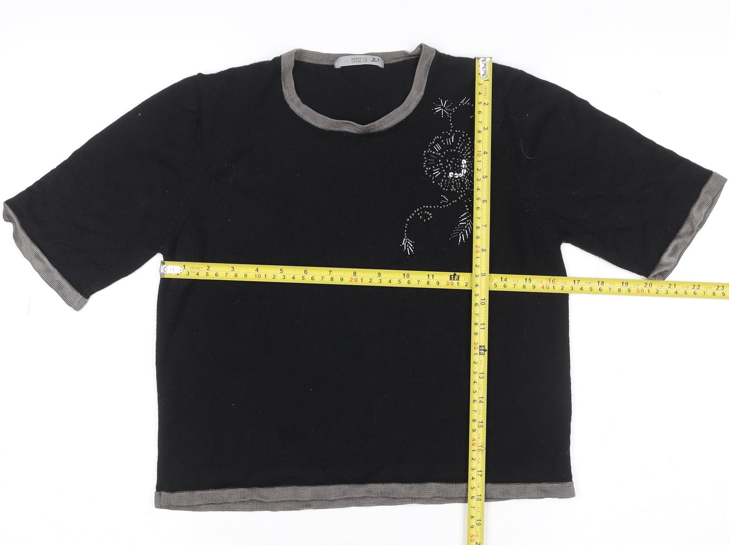 Marks and Spencer Women's Black Beaded Wool Blend Short Sleeve Knit Top Size 12