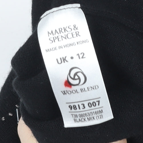 Marks and Spencer Women's Black Beaded Wool Blend Short Sleeve Knit Top Size 12