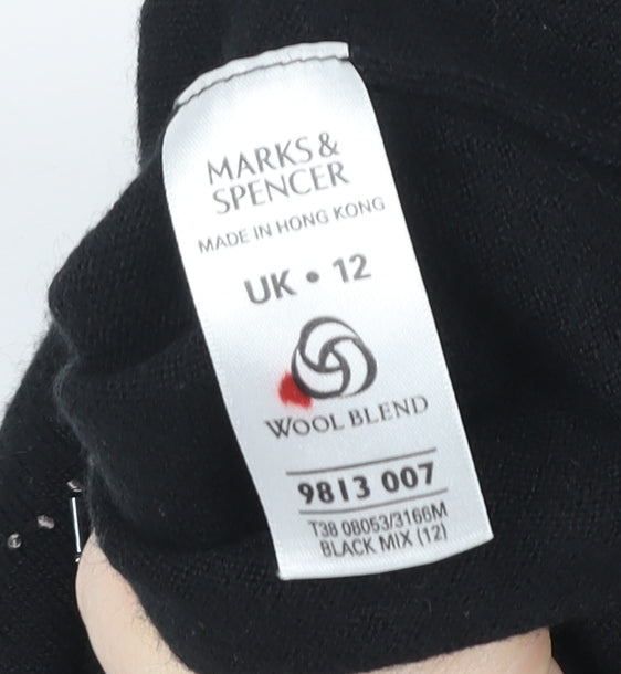 Marks and Spencer Women's Black Beaded Wool Blend Short Sleeve Knit Top Size 12