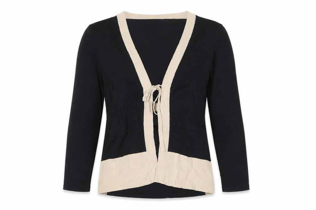 Front view of Caroll Women’s Black & Beige Wrap Blouse, size UK 8