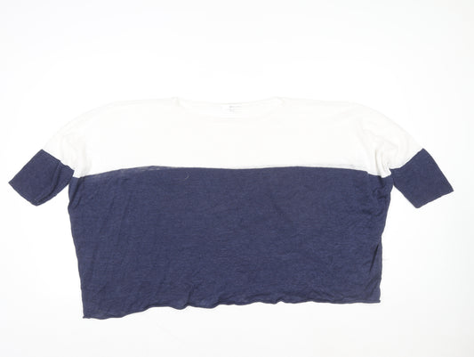 360 Sweater Women Blue White Linen Colourblock Cropped T-Shirt S