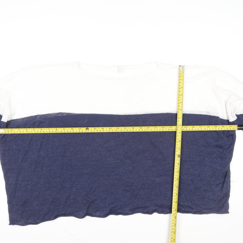 360 Sweater Women Blue White Linen Colourblock Cropped T-Shirt S