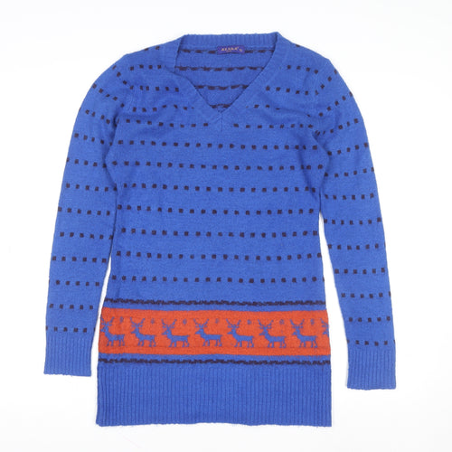 Azaka Women Blue V-Neck Long Sleeve Fair Isle Pullover Jumper