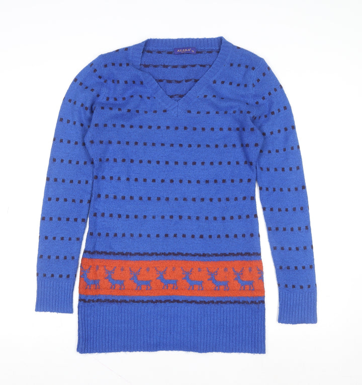 Azaka Women Blue V-Neck Long Sleeve Fair Isle Pullover Jumper