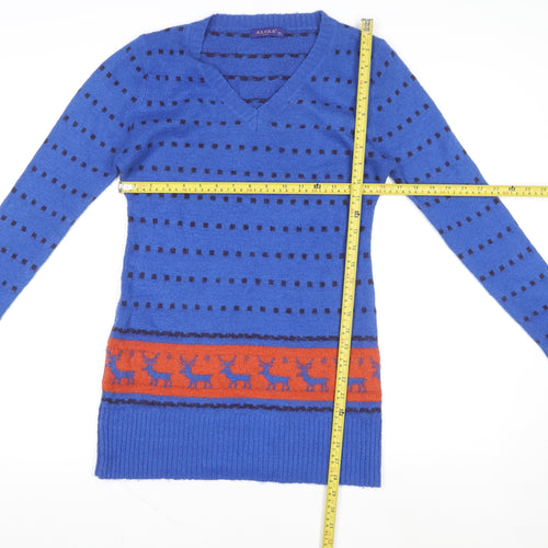 Azaka Women Blue V-Neck Long Sleeve Fair Isle Pullover Jumper