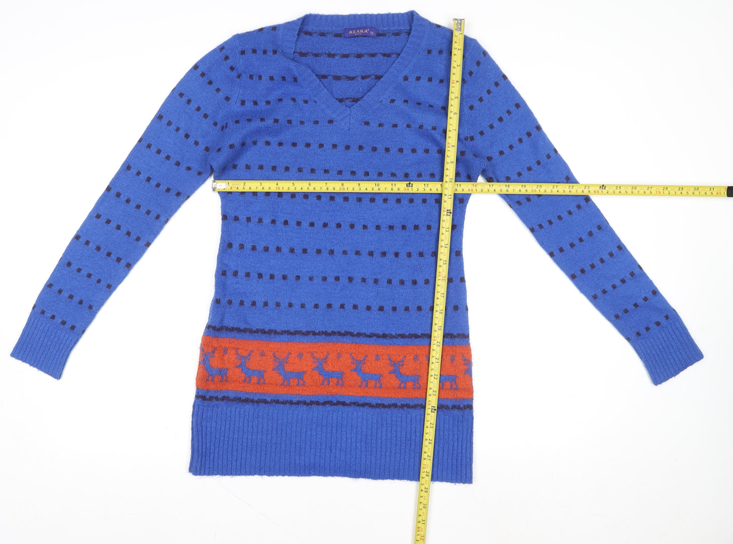Azaka Women Blue V-Neck Long Sleeve Fair Isle Pullover Jumper