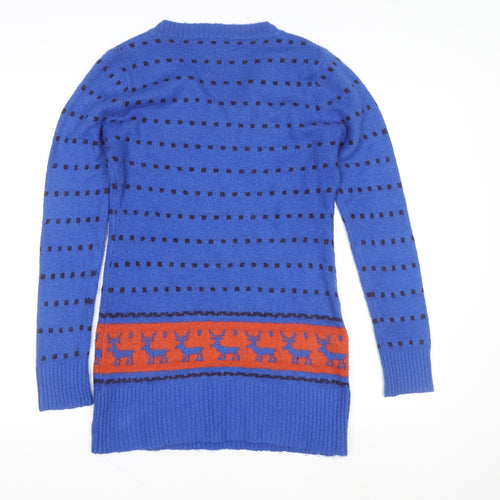 Azaka Women Blue V-Neck Long Sleeve Fair Isle Pullover Jumper