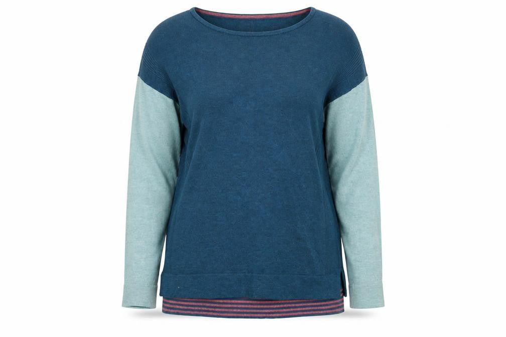 Front view of White Stuff women’s blue colourblock long sleeve pullover sweatshirt uk 12