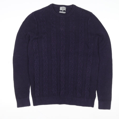 Marks and Spencer Men's Purple Cotton Knit Sweater L Pullover Crew Neck