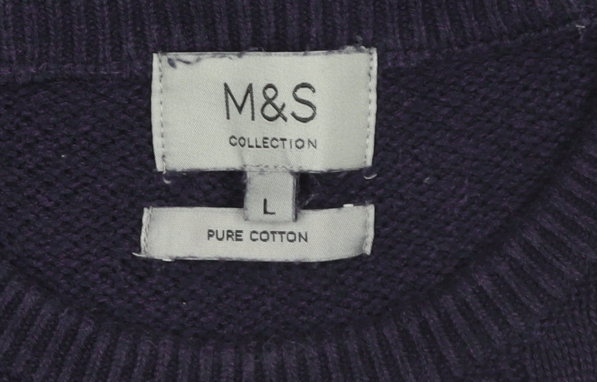 Marks and Spencer Men's Purple Cotton Knit Sweater L Pullover Crew Neck