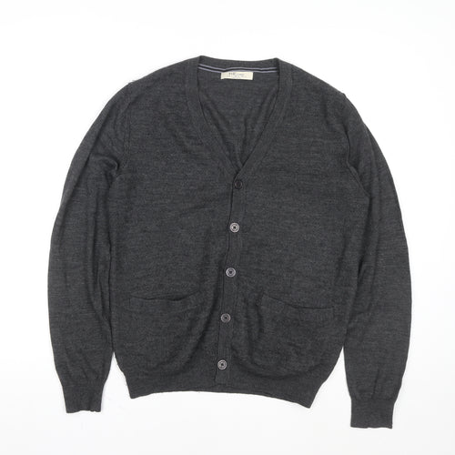 Mango Men Grey Wool Cardigan L V-Neck Classic Knit