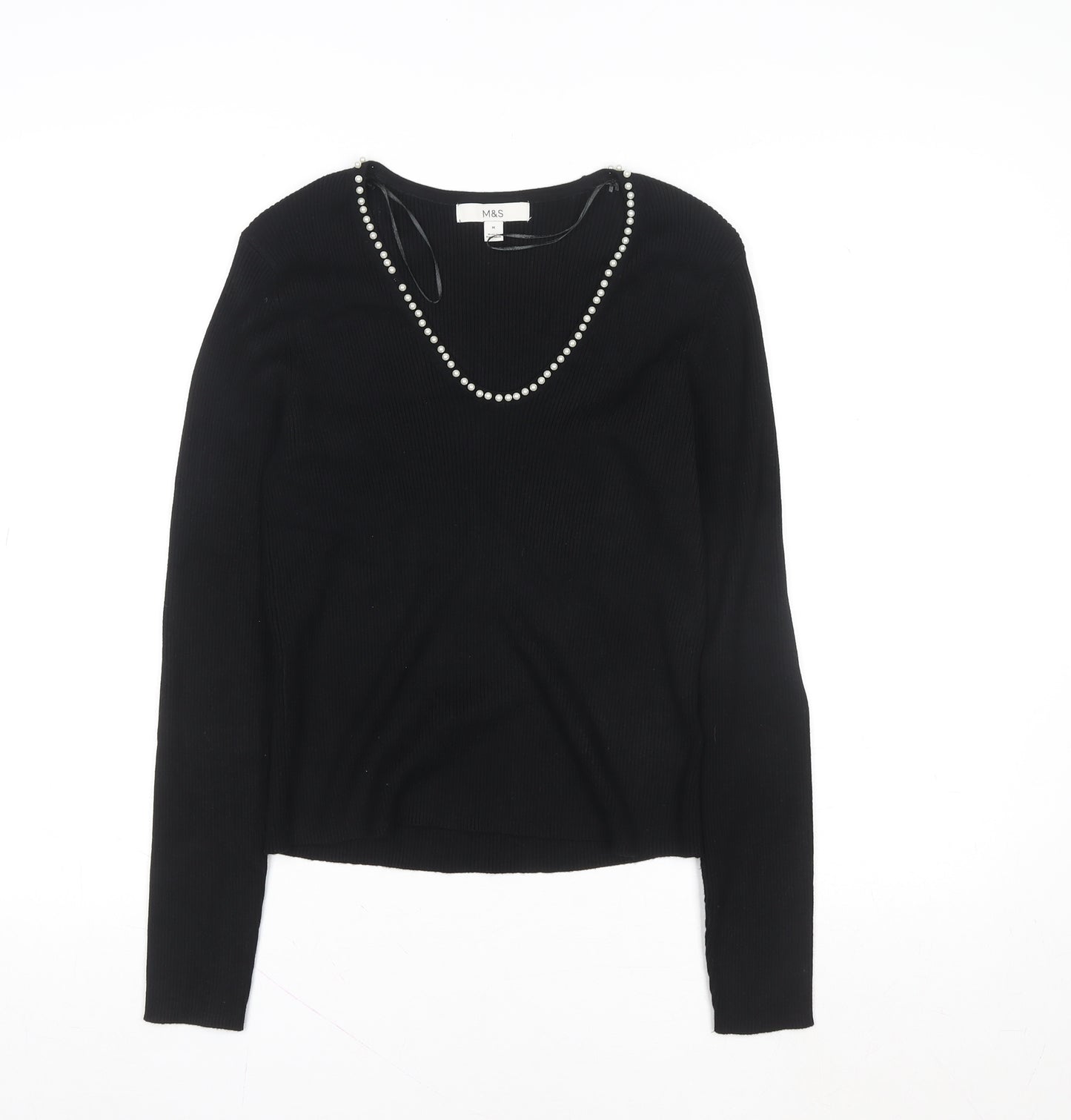 Marks and Spencer Women's Black Beaded Scoop Neck Knit Blouse Size M