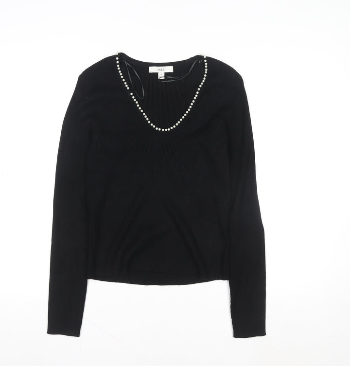 Marks and Spencer Women's Black Beaded Scoop Neck Knit Blouse Size M
