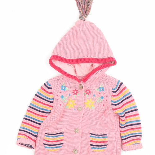 Tu Pink Hooded Knitted Cardigan 0-3 Months Baby Girls Flower Stripe Cotton