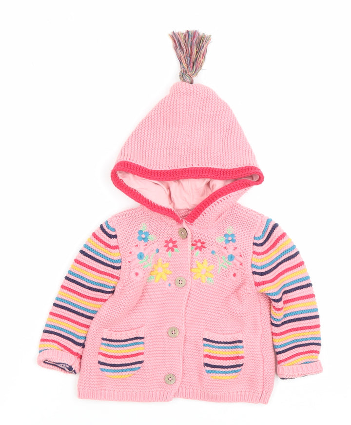 Tu Pink Hooded Knitted Cardigan 0-3 Months Baby Girls Flower Stripe Cotton