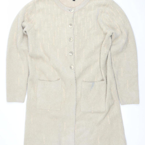 Miyoko Women Beige Knit Short Sleeve Cardigan M Lightweight Button