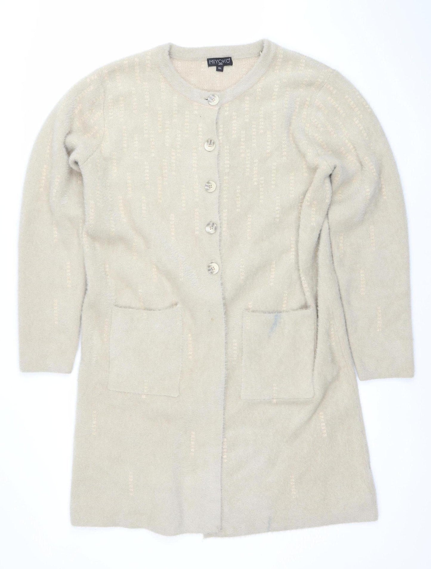 Miyoko Women Beige Knit Short Sleeve Cardigan M Lightweight Button