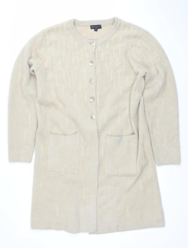Miyoko Women Beige Knit Short Sleeve Cardigan M Lightweight Button
