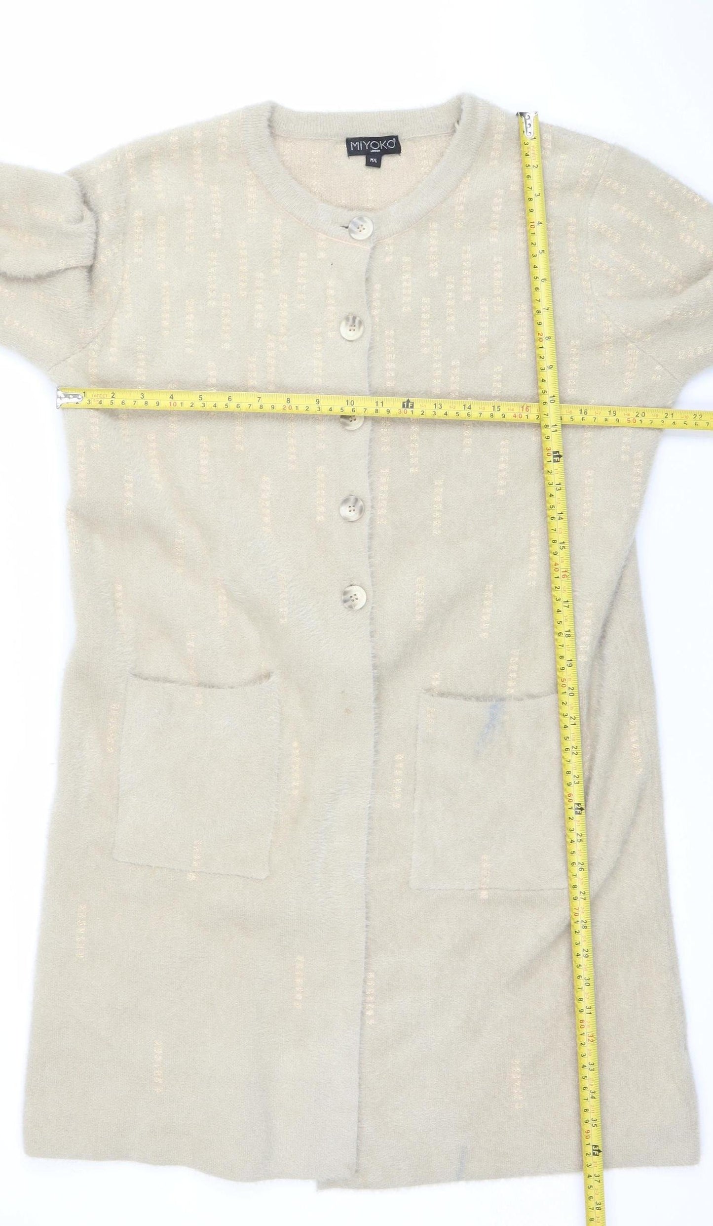 Miyoko Women Beige Knit Short Sleeve Cardigan M Lightweight Button