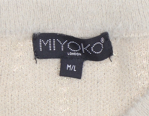 Miyoko Women Beige Knit Short Sleeve Cardigan M Lightweight Button