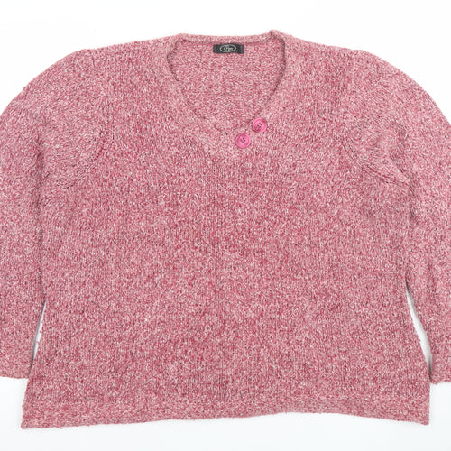 BM Women's Pink Chunky Knit V-Neck Button Pullover Jumper Size L