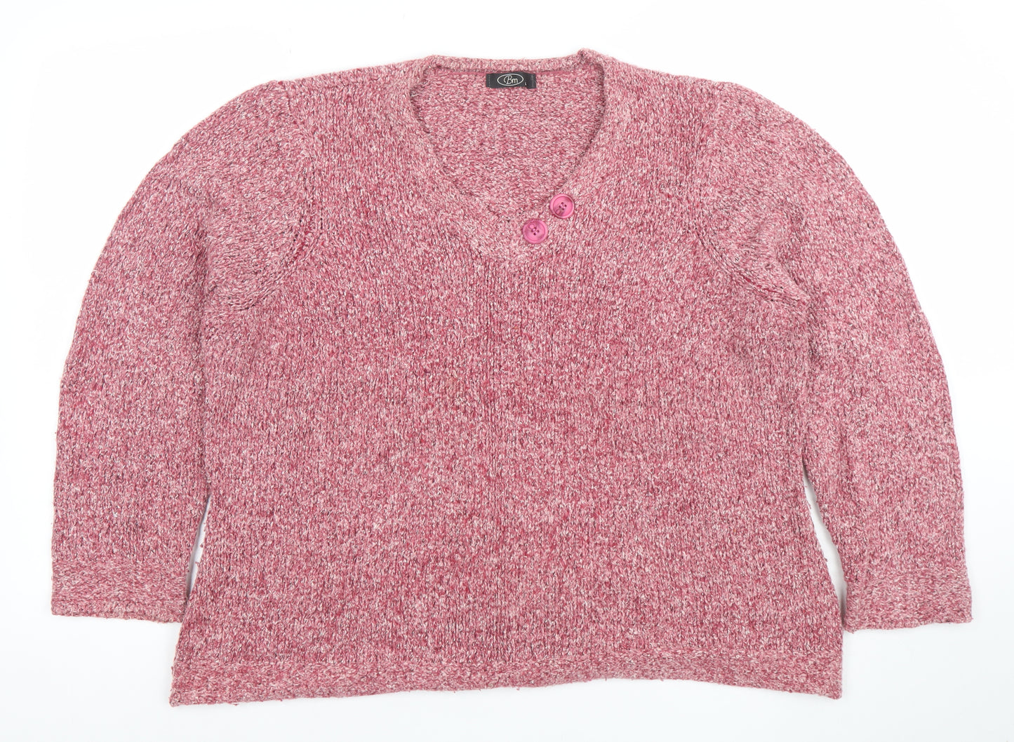 BM Women's Pink Chunky Knit V-Neck Button Pullover Jumper Size L