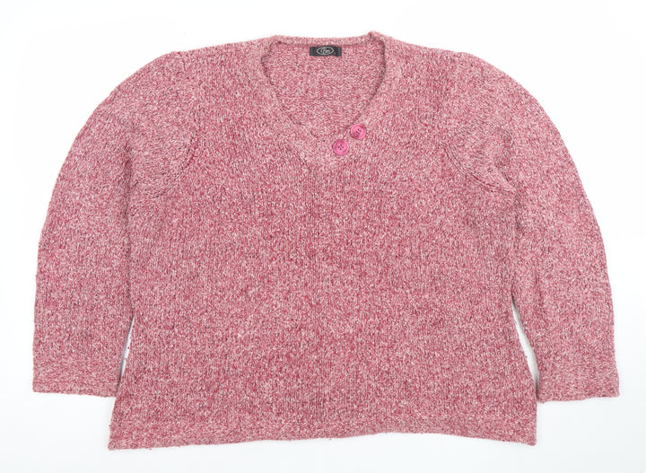 BM Women's Pink Chunky Knit V-Neck Button Pullover Jumper Size L