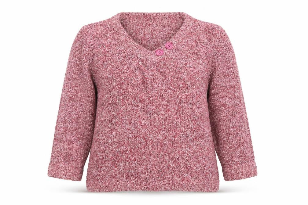 Front view of Bonmarché Women's Pink Chunky Knit V-Neck Button jumper, size L