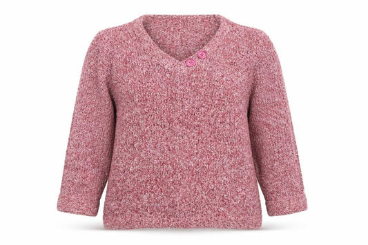 Front view of Bonmarché Women's Pink Chunky Knit V-Neck Button jumper, size L
