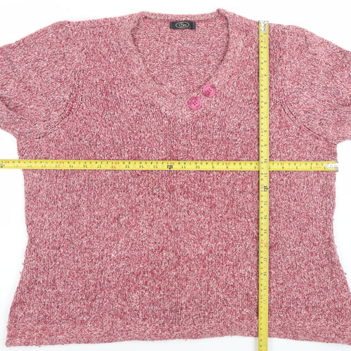 BM Women's Pink Chunky Knit V-Neck Button Pullover Jumper Size L