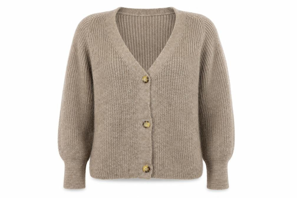 Front view of Only Women’s Beige Chunky-Knit V-Neck Button Cardigan Medium