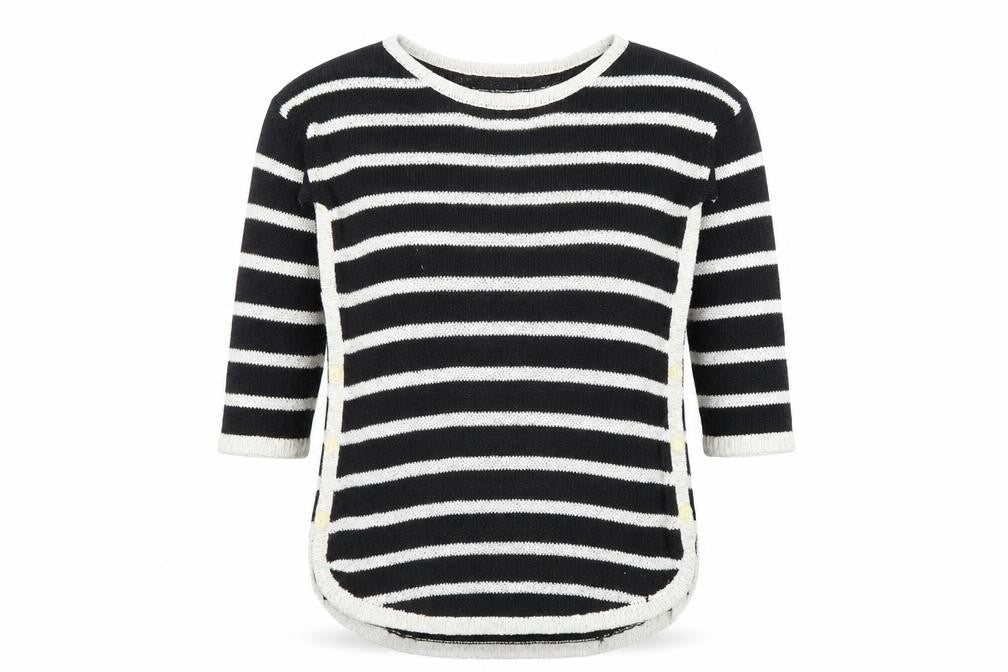 Front view of Next Women’s Black Striped Crew Neck 3/4 Sleeve jumper, size UK 10