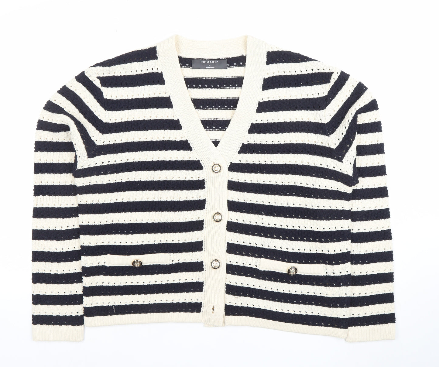 Primark Women’s Black & White Striped V-Neck Knit Cardigan L