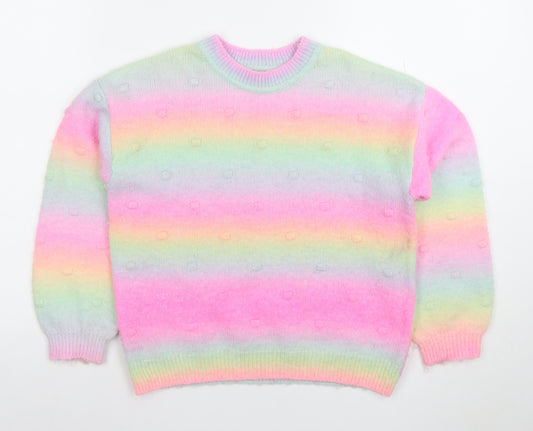 F&F Girls Multicoloured Rainbow Pullover Jumper Size 8-9 Years Crew Neck