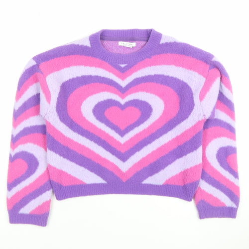 Primark Girls Purple Pink Heart Print Pullover Jumper 9-10 Years