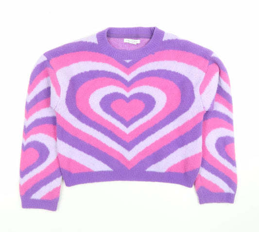 Primark Girls Purple Pink Heart Print Pullover Jumper 9-10 Years